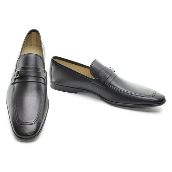 Men Magnanni pour Saks Buckle Pin Loafers 9 M Black Leather Slip On Shoes New
